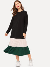 Load image into Gallery viewer, Color-block Riffle Hem Longline Dress