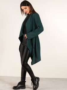 Open Front Roll Tab Sleeve Dip Hem Coat