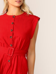 Button Front Buckle Belted Romper