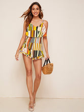 Load image into Gallery viewer, Rainbow Striped Ruffle Hem Cami Romper