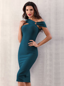 Adyce Asymmetrical Neck Midi Bandage Dress