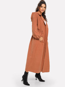 Button Up Hooded Drawstring Waist Coat