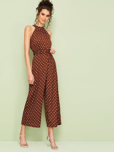 Polka Dot Belted Wide Leg Halter Jumpsuit