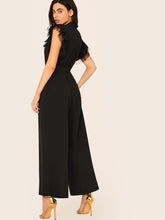 Load image into Gallery viewer, Mesh Ruffle Trim Self Belted Wide Leg Jumpsuit