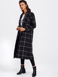 Drape Collar Grid Longline Coat