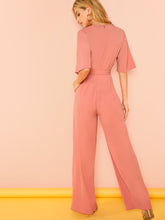 Load image into Gallery viewer, Trumpet Sleeve Plunging Neck Belted Jumpsuit