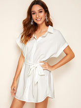 Load image into Gallery viewer, Batwing Sleeve Rolled Cuff Self Belted Shirt Dress