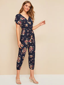 Self Belted Slant Pocket Floral Print Jumpsuit