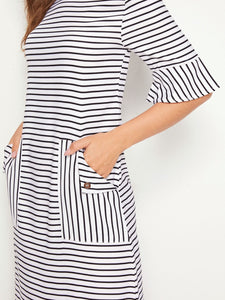 Striped Dual Pocket Ruffle Hem Dress