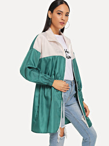 Zip Up Drawstring Color Block Rain Coat