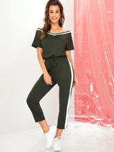 Load image into Gallery viewer, Striped Side Drawstring Elastic Waist Crop Jumpsuit