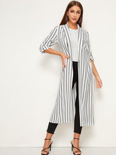 Load image into Gallery viewer, Shawl Collar Roll-up Sleeve Split Side Belted Striped Coat