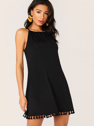 Solid Tassel Hem Tie Back Halter Dress