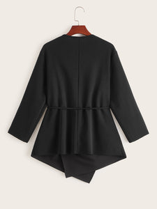 Waterfall Collar Asymmetrical Hem Coat With Belt