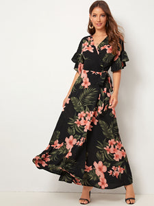 Botanical Print Ruffle Cuff Tie Side Wrap Dress