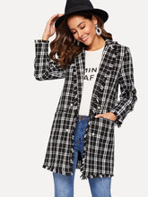 Load image into Gallery viewer, Notch Collar Frayed Edge Plaid Longline Tweed Coat