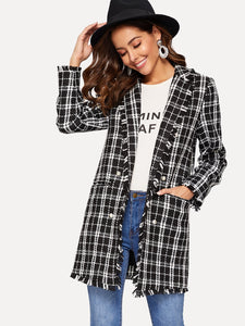 Notch Collar Frayed Edge Plaid Longline Tweed Coat