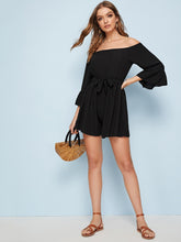 Load image into Gallery viewer, Off Shoulder Flounce Sleeve Belted Romper