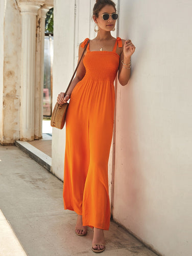 Neon Orange Shirred Knot Wide Leg Jumpsuit