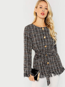 Raw Hem Belted Tweed Coat