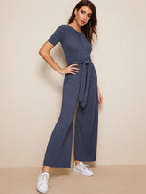 Load image into Gallery viewer, Tie Waist Heather Knit Wide Leg Jumpsuit