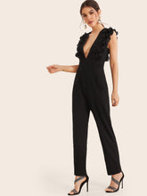 Load image into Gallery viewer, Deep V Neck Layered Pleated Ruffle Trim Jumpsuit