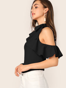 Tie Neck Cold Shoulder Ruffle Trim Top