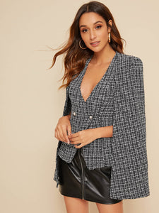 Plunge Neck Double Buttoned Tweed Cape Blazer