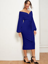 Load image into Gallery viewer, Blouson Sleeve Slit Hem Surplice Bardot Dress