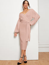 Load image into Gallery viewer, Blouson Sleeve Slit Hem Surplice Bardot Dress