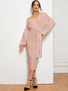 Blouson Sleeve Slit Hem Surplice Bardot Dress