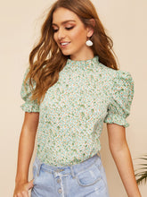 Load image into Gallery viewer, Ditsy Floral Frill Neck Puff Sleeve Top