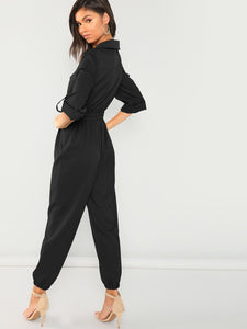 Zip Up Pocket Front Elastic Waist Jumpsuit