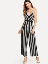 Load image into Gallery viewer, Backless Criss Cross Back Striped Cami Romper