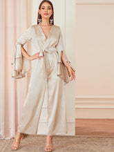 Load image into Gallery viewer, Satin Surplice Front Layered Flounce Sleeve Jumpsuit