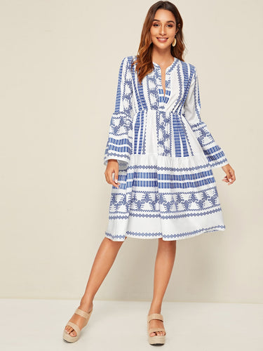 Aztec Print Notch Neck A-line Dress