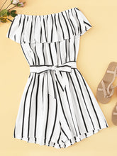 Load image into Gallery viewer, Striped Ruffle Hem Knot Romper