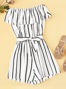 Striped Ruffle Hem Knot Romper