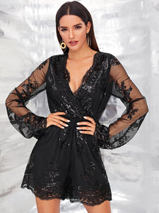 Sequin Detail Surplice Neck Mesh Romper