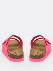 Neon Double Buckled Cork Sole Slide Sandals