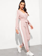 Load image into Gallery viewer, Surplice Neck Self Belted Colorblock Jumpsuit