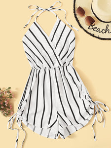 Surplice Striped Drawstring Side Halter Playsuit