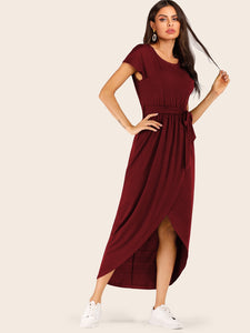 Belted Tulip Hem Solid Wrap Dress