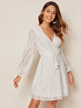 Load image into Gallery viewer, Self Tie Guipure Lace Surplice Dress