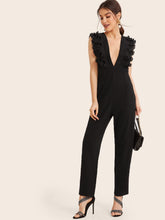 Load image into Gallery viewer, Deep V Neck Layered Pleated Ruffle Trim Jumpsuit