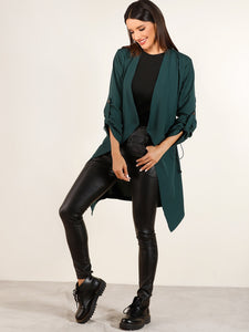 Open Front Roll Tab Sleeve Dip Hem Coat