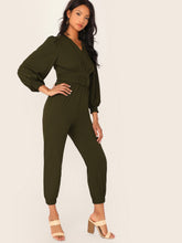 Load image into Gallery viewer, V-neck Shirred Cuff O-ring Belted Jumpsuit