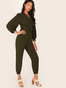 V-neck Shirred Cuff O-ring Belted Jumpsuit