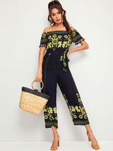 Load image into Gallery viewer, Floral Print Tassel Trim Belted Bardot Jumpsuit