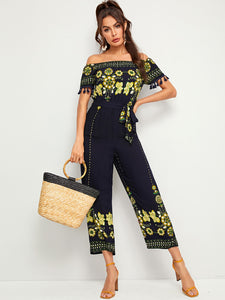 Floral Print Tassel Trim Belted Bardot Jumpsuit